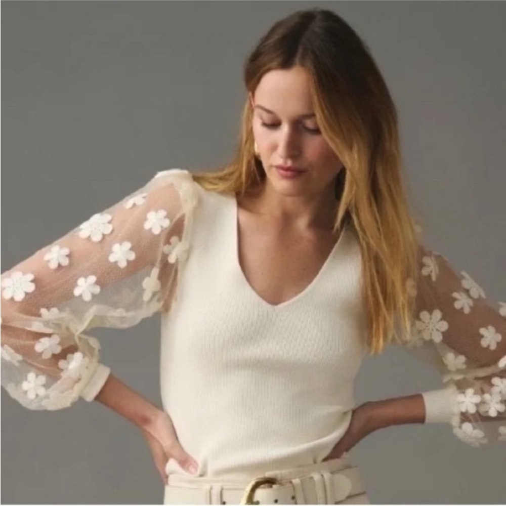 Anthropologie  White Floral Sheer Sleeve Sweater